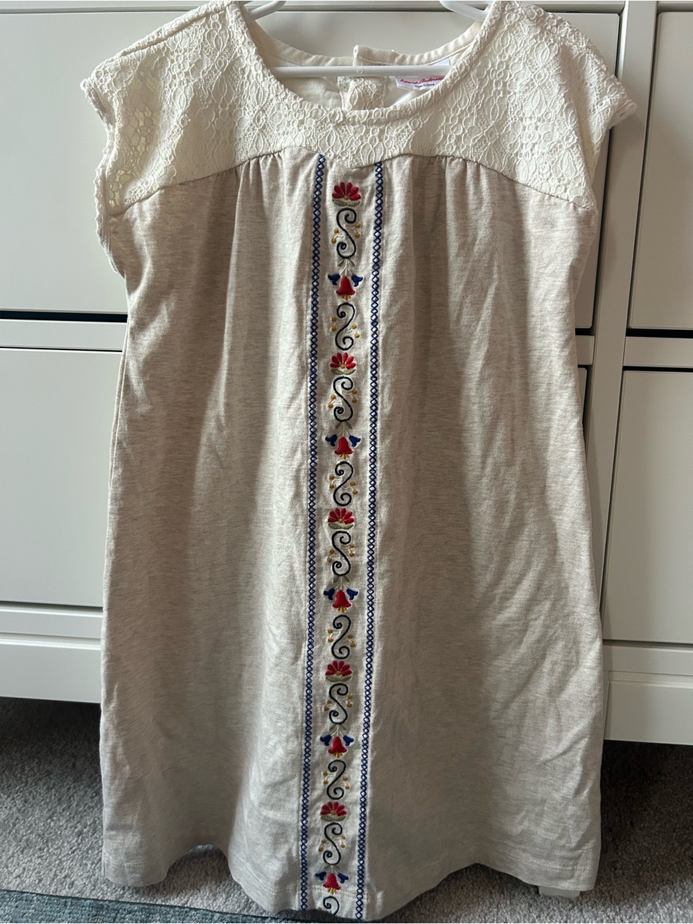 Hanna Andersson short-sleeve shift dress lace neckline and embroidered floral